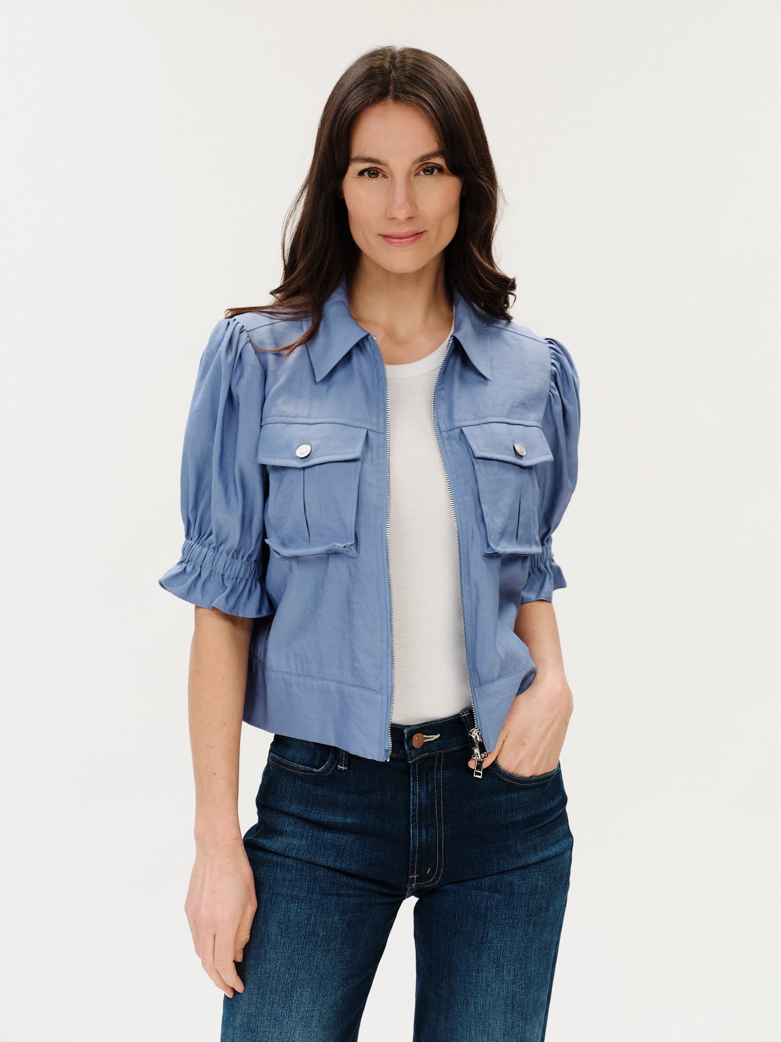 womens blue short sleeve flutter jacket | Six Fifty – Six Fifty