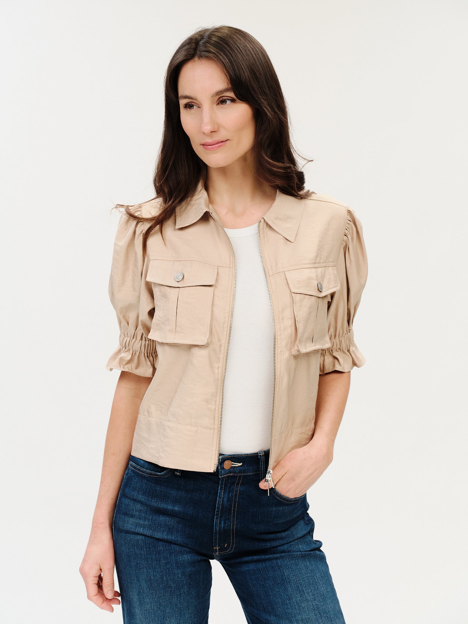 womens khaki short sleeve flutter jacket | Six Fifty – Six Fifty